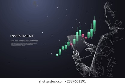 Un empresario abstracto lleva una tableta con un holograma de candelabros en el mercado de valores. Fondo gris oscuro. Concepto de comercio o inversión digital. Futurista inversionista de polos. Ilustración vectorial 3D.