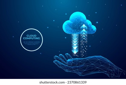  Un empresario abstracto sostiene un icono digital de computación en nube con flechas hacia arriba y hacia abajo y se conecta a la tecnología de datos en la nube. Concepto de computación en nube. Ilustración vectorial de baja polilla en estilo futurista.