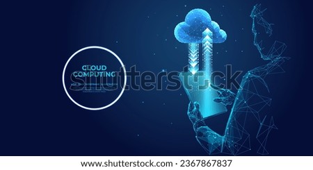 Abstract businessman holds a tablet with a cloud computing icon network. Cloud technology, data transfer, and online data storage. Digital low poly wireframe vector illustration in futuristic style. 