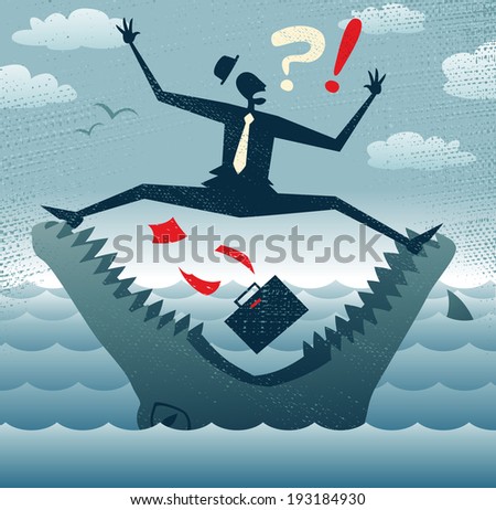 Abstract Businessman in Jaws of Huge Crocodile. Great illustration of Retro styled Businessman desperately trying to stop himself from falling to his death in the jaws of a dangerous crocodile. 