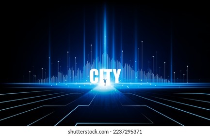 Abstract businessman of Key Door city open Light technology background Hitech communication concept innovation background vector design. 