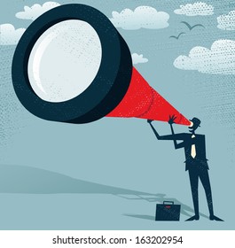 Abstract Businessman looks through his Telescope. Great illustration of Retro styled Businessman who's getting a really great view of the business landscape with his gigantic telescope.