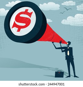Abstract Businessman looks through his Telescope to find the Dollar. Retro styled Businessman who's getting a really great view of the business landscape with his gigantic telescope.