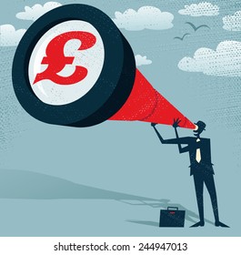 Abstract Businessman looks through his Telescope to find the Pound. Retro styled Businessman who's getting a really great view of the business landscape with his gigantic telescope.