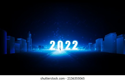 Abstrakter Geschäftsmann öffnen Key Door Light out 2022 Business Pixel der digitalen Stadt High-Tech-Kommunikationskonzept Innovation Hintergrund, Vektordesign