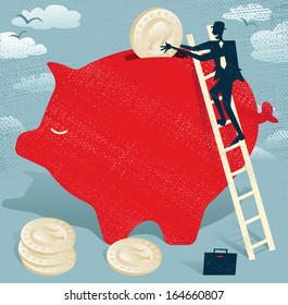 Abstract Businessman saves money in Piggy bank.  Great illustration of Retro styled Businessman climbing to the top of a giant piggy bank to save his hard earned money. 