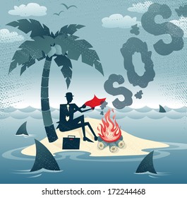 Abstract Businessman sends Smoke Signals on an Island. Great illustration of Businessman trying to make contact with potential rescuers as he has found himself stranded on a remote island!. 