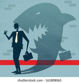 Abstract Businessman is a Shark in Disguise. Vector illustration of Retro styled Businessman who's shadow reveals him to be somebody quite sinister in the form of a giant metaphorical Shark. 