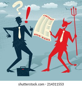 Abstract Businessman signs a Deal with the Devil. Great illustration of Retro styled Abstract Businessman who is deciding whether to sign away his life in a deal with the devil.