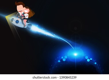 Abstract businessman sitting rocket Light out targeted technology background Hitech communication concept innovation send for planet earth with sunrise and technology network.