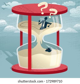 Abstract Businessman Trapped in Egg timer.  Great illustration of Retro styled Businessman desperately trying to hold back time as the sands of time get the better of him. 