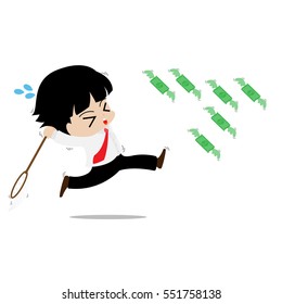 Abstract businessman try to catch flying money with net.