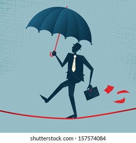 Abstract Businessman walks a precarious tightrope. Vector illustration of Retro styled Businessman walking carefully across a very high tightrope with his umbrella for added protection. 