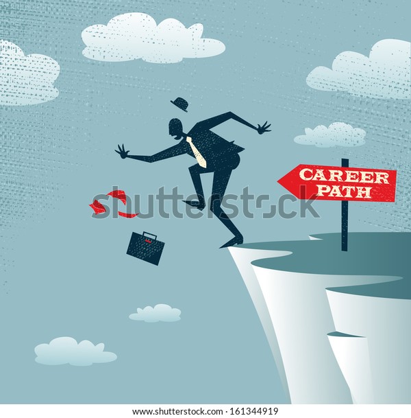 Abstract Businessman\'s career takes a fall. Vector\
illustration of Retro styled Businessman falls off a cliff as his\
career takes a fall.