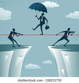 Abstract Businessmen Pulling together on a cliff. Vector illustration of Retro styled Businessmen helping and pulling together to assist their stranded colleague on the top of the cliffs.