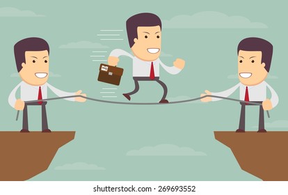Abstract Businessmen Pulling together on a cliff. Vector illustration of Retro styled Businessman helping and pulling together to assist their stranded colleague on the top of the cliffs.