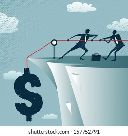 Abstract Businessmen work together to save the money. Vector illustration of Retro styled Businessman standing on the cliffs saving the money by pulling up the Dollar.