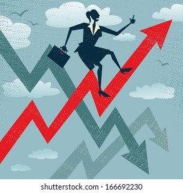 Abstract Businesswoman Climbs the Sales Chart. Great illustration of Retro styled Businesswoman climbing to the top of the corporate Sales Charts. 