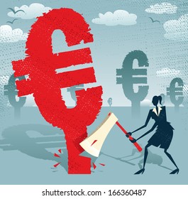 Abstract Businesswoman cuts down the Euro.  Great illustration of Retro styled Businesswoman cutting down a giant European Euro Tree with her razor sharp Axe.