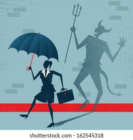 Abstract Businesswoman is the Devil in Disguise. Vector illustration of Retro styled Businesswoman who's shadow reveals her to be somebody quite sinister in the form of a Dancing Devil.