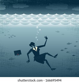 Abstract Businesswoman Drowning. Great illustration of a Retro styled Businesswoman Sinking down to the bottom of the Corporate Sea to a watery grave. 