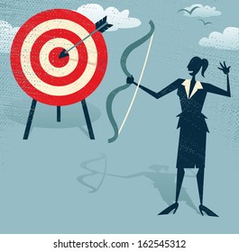 Abstract Businesswoman Hits the Sales Target.  Vector illustration of Retro styled Businesswoman hitting the corporate Sales Charts with a bow and arrow.