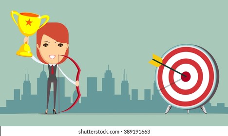 Abstract Businesswoman Hits The Sales Target. Vector Illustration Of Businesswoman Hitting The Corporate Sales Charts With A Bow And Arrow. Woman Holding Up Winning Trophy