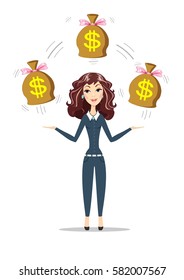 Abstract Businesswoman holding bags full of money. Women in business. For use in presentations. Stock flat vector illustration