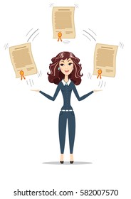 Abstract Businesswoman holding a diploma or patent. Women in business. For use in presentations. Stock flat vector illustration