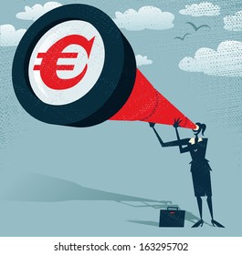 Abstract Businesswoman looks through her Telescope for Pounds. Illustration of Retro styled Businesswoman who's getting a really great view of the business landscape with her gigantic telescope. 