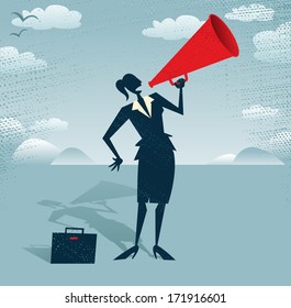 Abstract Businesswoman with Megaphone.  Great illustration of Retro styled Businesswoman shouting at the top of her voice through a loudspeaker megaphone. 