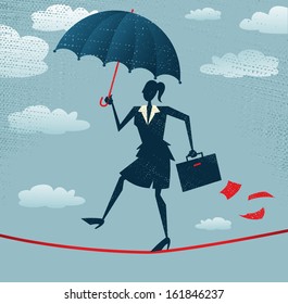 Abstract Businesswoman walks the Tightrope