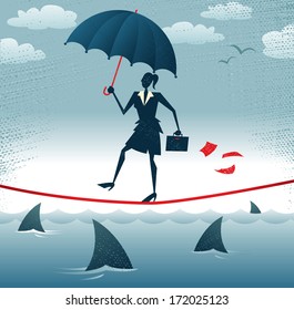 Abstract Businesswoman walks Tightrope with Confidence. Great illustration of Retro styled Businesswoman walking carefully across a very high tightrope with her umbrella for added protection.  