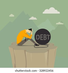 Abstract bussiness concept of despondent, The man be trapped on cliff with steel balls. Vector illustration cartoon modern style.