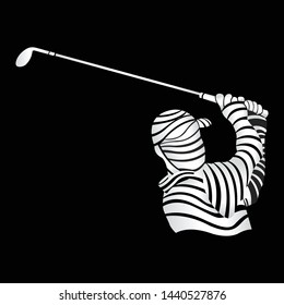 Abstract bust of a man playing golf with a golf club in his hands formed by thick white lines on a black background. Vector image