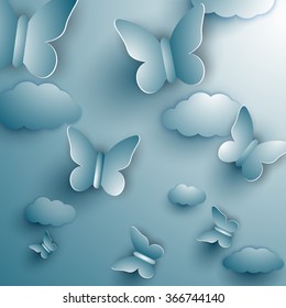 Abstract butterflies and clouds made of paper.Vector illustration