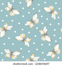 Abstract butterflies with polka dots on blue background. Design for print, wallpaper, textile, wrapping paper.