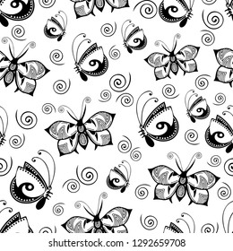 Abstract butterflies seamless pattern, black and white hand drawing, monochrome outline textile print, fabric design, vector illustration. Patterned winged insect on white background with curls spiral