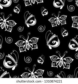 Abstract butterflies seamless pattern, black and white hand drawing, monochrome outline textile print, fabric design, vector illustration. Patterned winged insect on black background with curls spiral