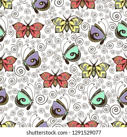 Abstract butterflies seamless pattern, hand drawing, textile print, vector illustration. Patterned colorful pastel insect with wings on white background with brown curls spiral. For fabric design
