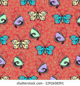 Abstract butterflies seamless pattern, hand drawing, textile print, vector illustration. Patterned colorful pastel insect with wings on red scarlet background with green curl spiral. For fabric design