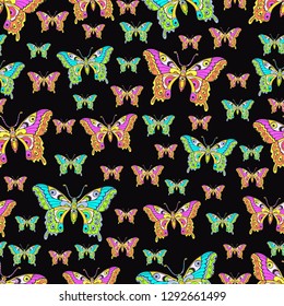 Abstract butterflies seamless pattern, hand drawing, textile print, vector illustration. Patterned colorful bright insect with wings view from above on black background. For fabric design, wallpaper