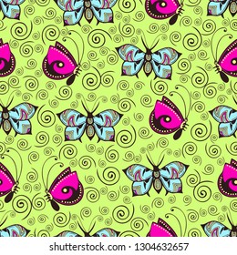 Abstract butterflies seamless pattern, hand drawing, textile print, vector illustration. Patterned colorful bright insect with wings and stroke on green background with curls spiral. For fabric design