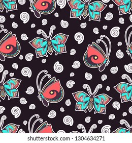 Abstract butterflies seamless pattern, hand drawing, textile print, ornament, vector illustration. Patterned colorful insect with white stroke on dark background with curls spirals. For fabric design