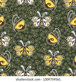 Abstract butterflies seamless pattern, hand drawing, textile print, vector illustration. Patterned colorful insect with wings and white stroke on green background with curls spiral. For fabric design
