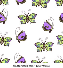 Abstract butterflies seamless pattern, hand drawing, textile print, vector illustration. Patterned colorful pastel insect with wings on white background. For fabric design, wallpaper, wrapper