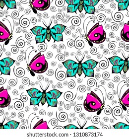Abstract butterflies seamless pattern, hand drawing, textile print, vector illustration. Patterned colorful bright insect with wings and stroke on white background with curls spiral. For fabric design