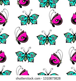 Abstract butterflies seamless pattern, hand drawing, textile print, vector illustration. Patterned colorful pastel insect with wings on white background. For fabric design, wallpaper, wrapper