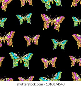 Abstract butterflies seamless pattern, hand drawing, textile print, vector illustration. Patterned colorful bright insect with wings view from above on black background. For fabric design, wallpaper