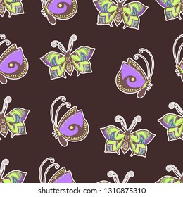 Abstract butterflies seamless pattern, hand drawing, textile print, vector illustration. Patterned colorful pastel insect with wings and white stroke on brown background. For fabric design, wallpaper